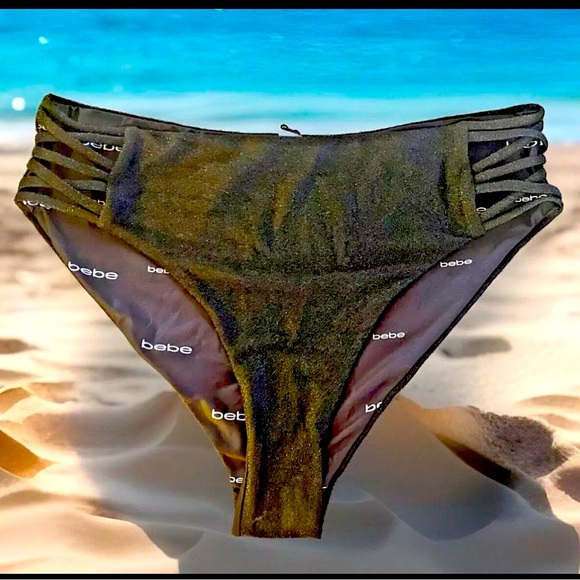 🖤BEBE🖤 REVERSIBLE LOGO SPARKLE CUTOUT SIDES BIKINI BOTTOM NWOT💦 - Picture 4 of 8